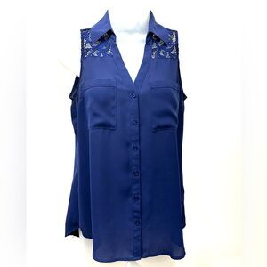 Express Royal Blue Sleeveless Blouse Lace Shoulder & Back Panel Top